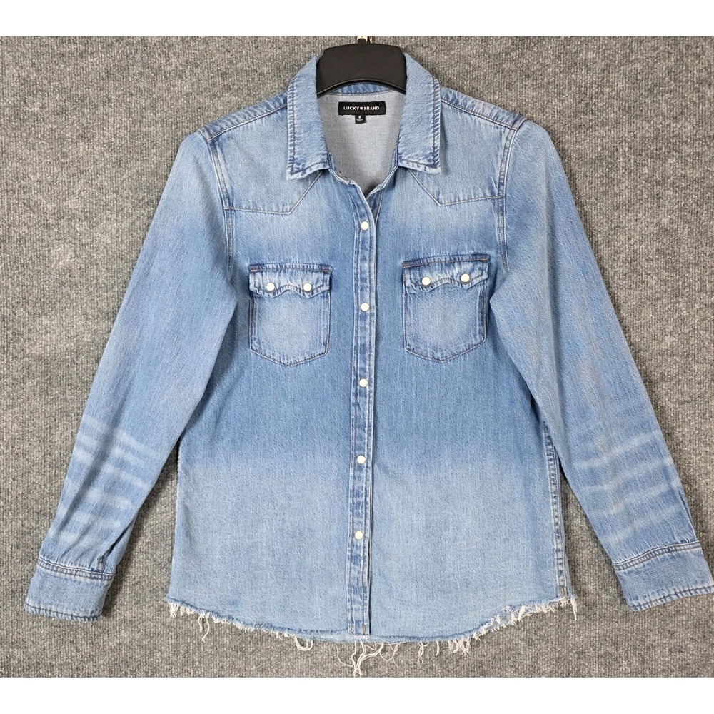 Lucky Brand Womens M Denim Pearl Snap Western Shirt Y2K Cowgirl Long Sleeve Blue